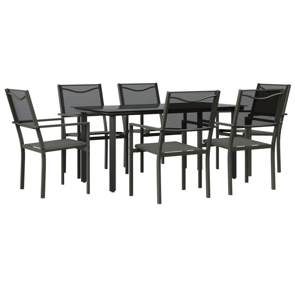 7 Piece Garden Dining Set Black Steel and Textilene
