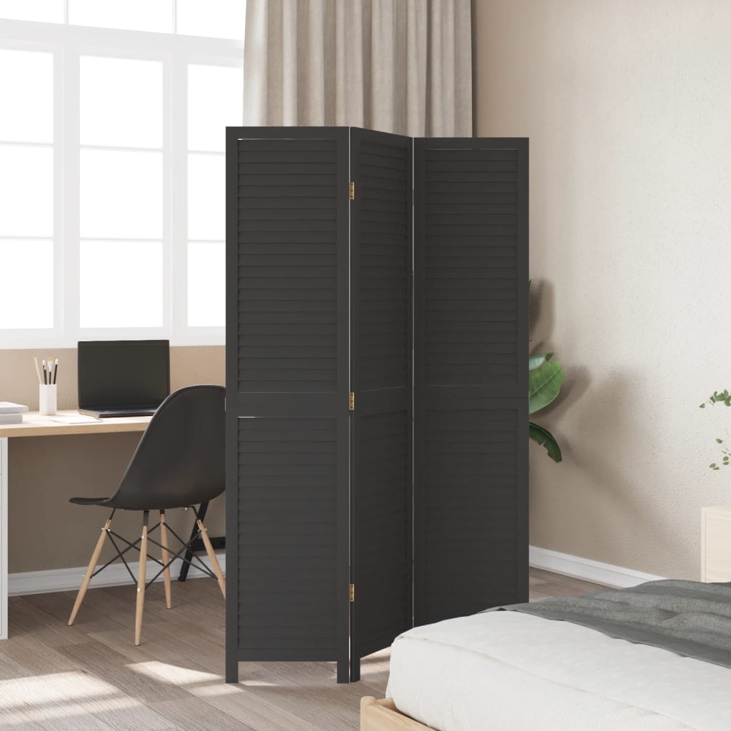 Room Divider 3 Panels Black Solid Wood Paulownia