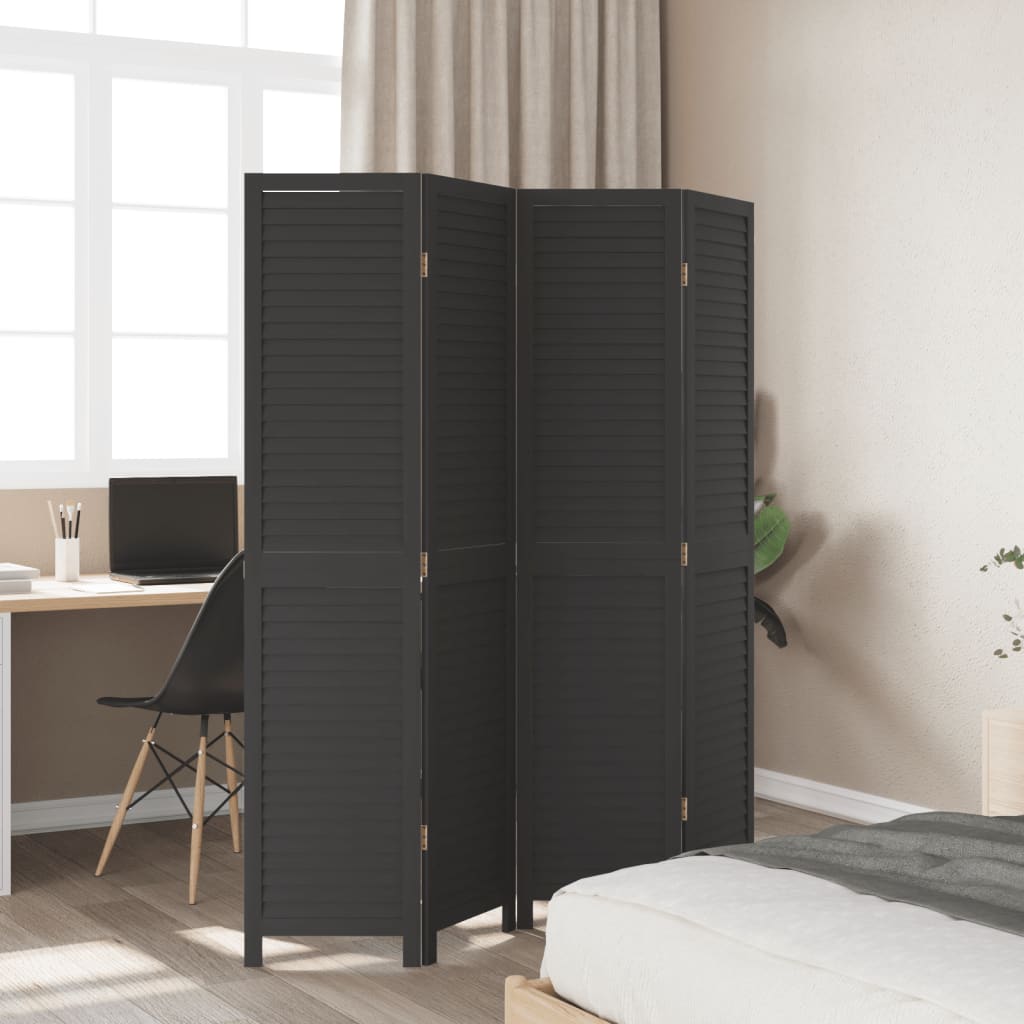 Room Divider 4 Panels Black Solid Wood Paulownia