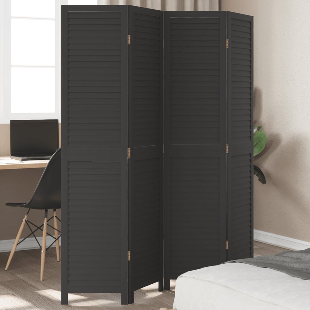 Room Divider 4 Panels Black Solid Wood Paulownia