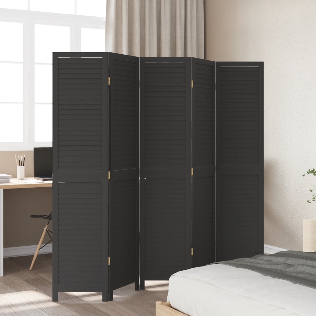 Room Divider 5 Panels Black Solid Wood Paulownia