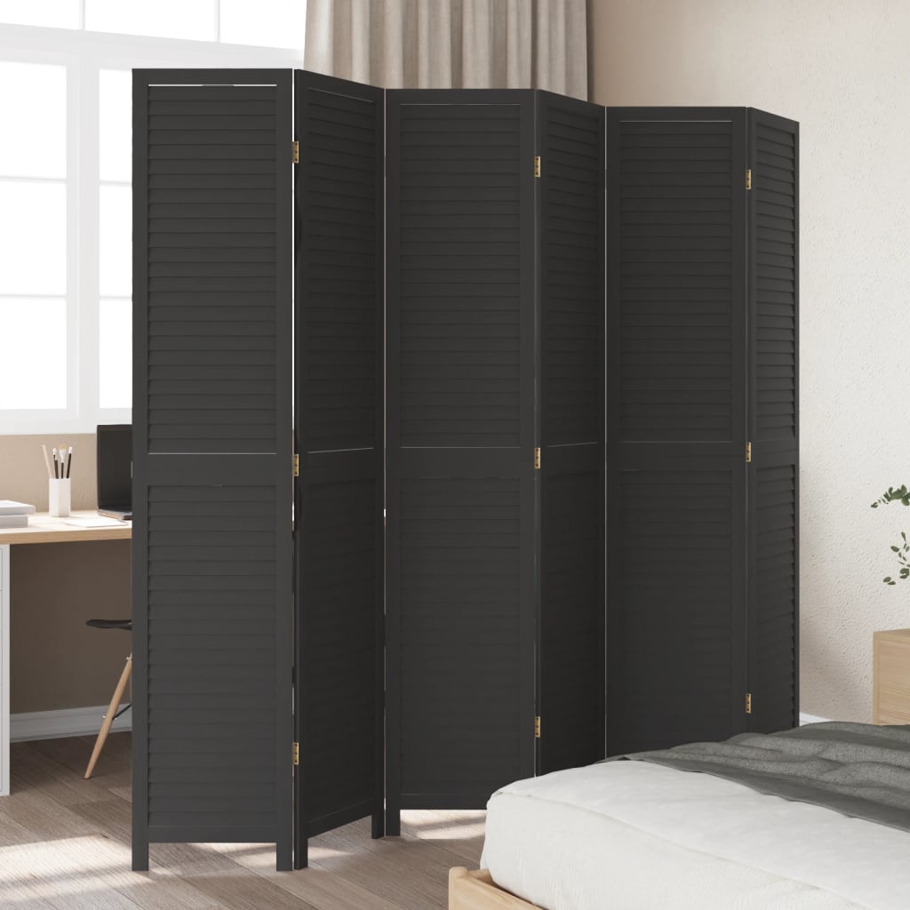Room Divider 6 Panels Black Solid Wood Paulownia