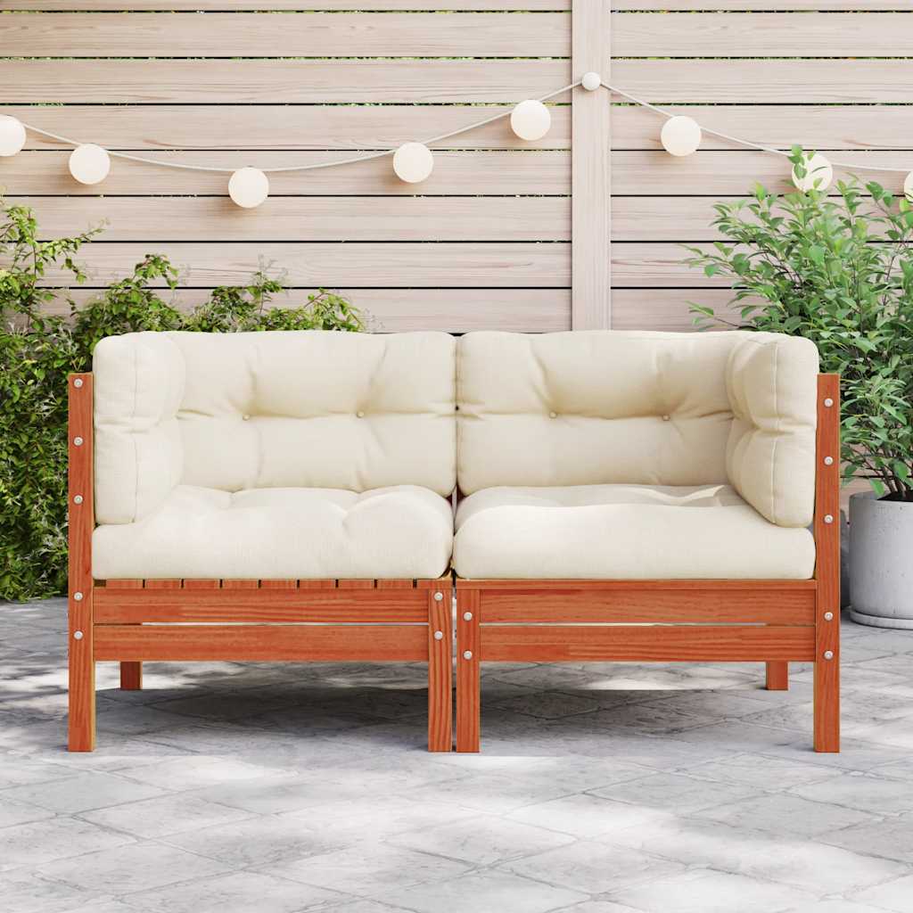 Garden Sofa Corner with Cushions 2 pcs Wax Brown Solid Wood Pine