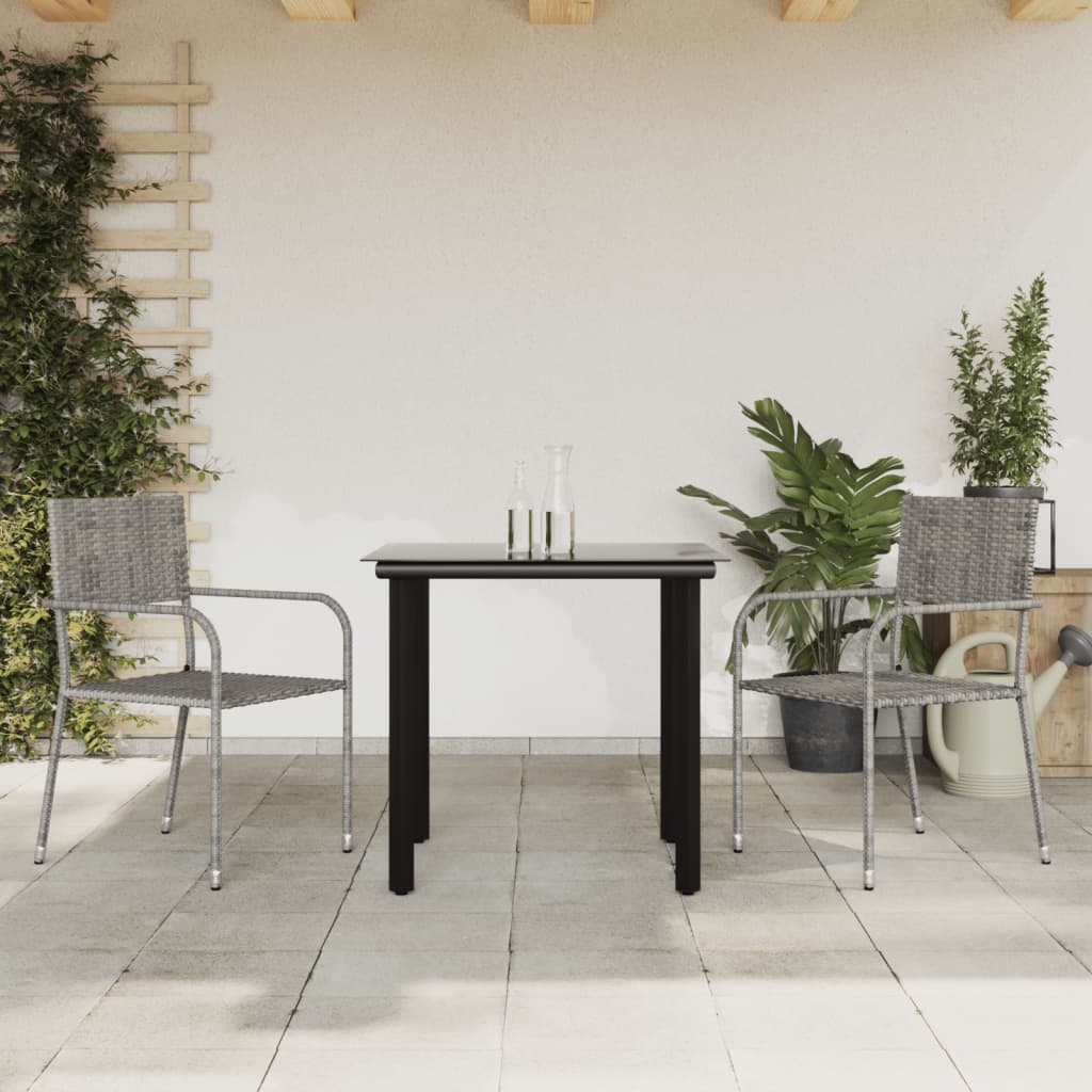 3 Piece Garden Dining Set Grey and Black Poly Rattan and Steel