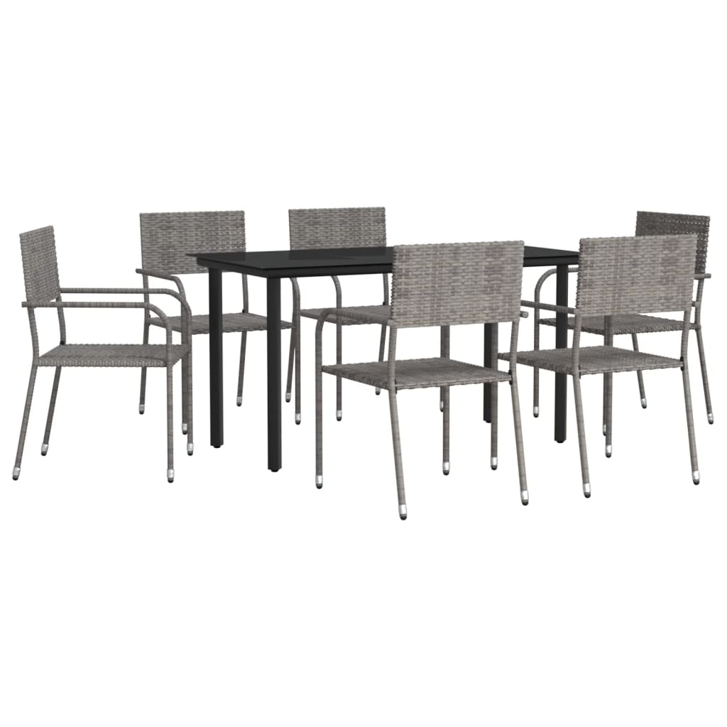 7 Piece Garden Dining Set Grey and Black Poly Rattan and Steel