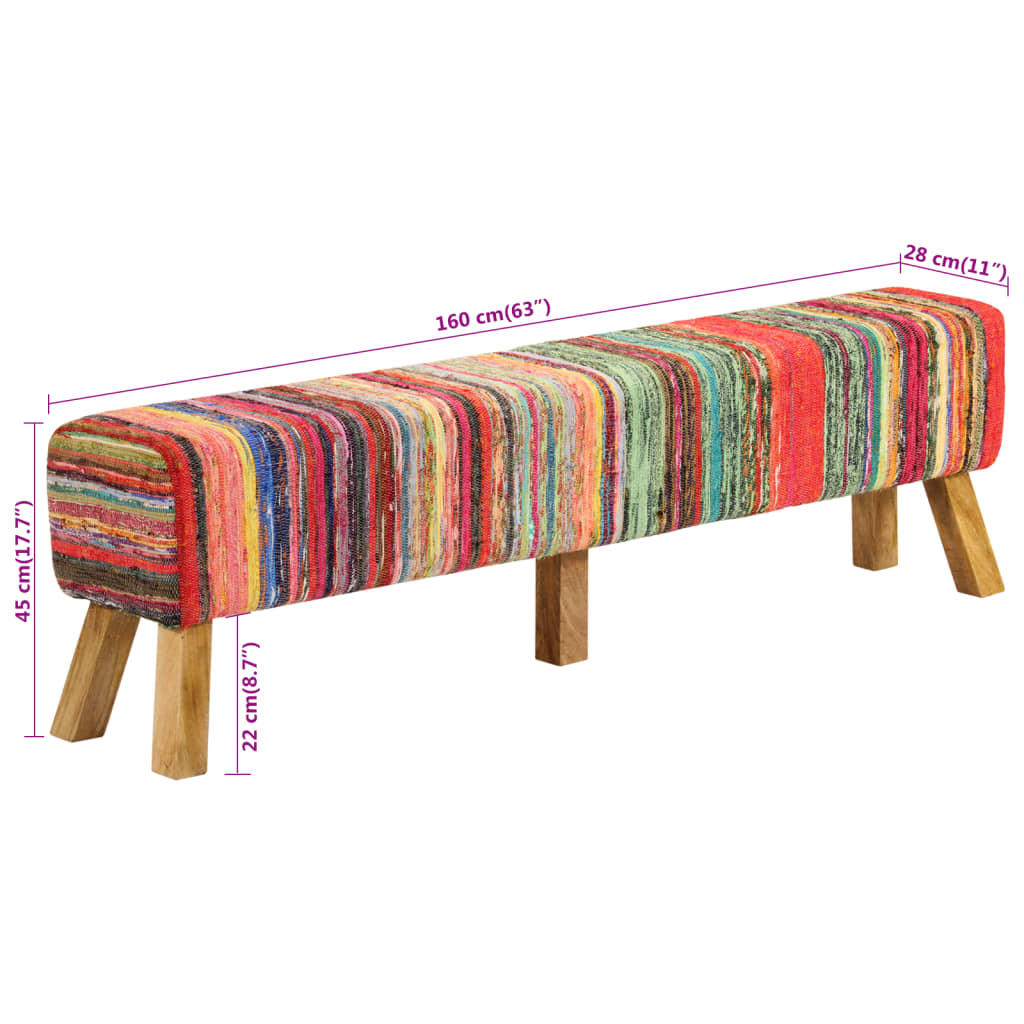 Bench Multicolour 160 cm Chindi Fabric and Solid Wood Mango