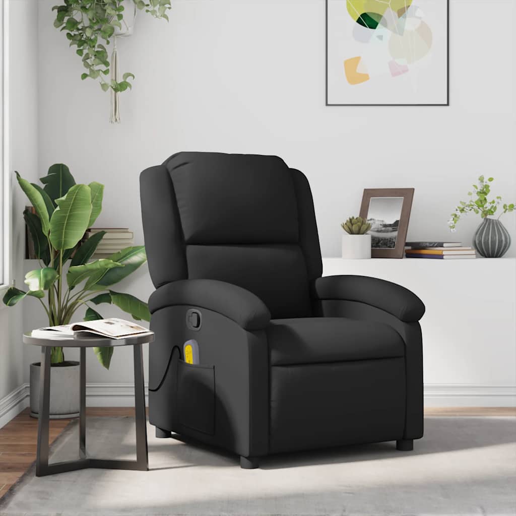 Massage Recliner Chair Black Real Leather