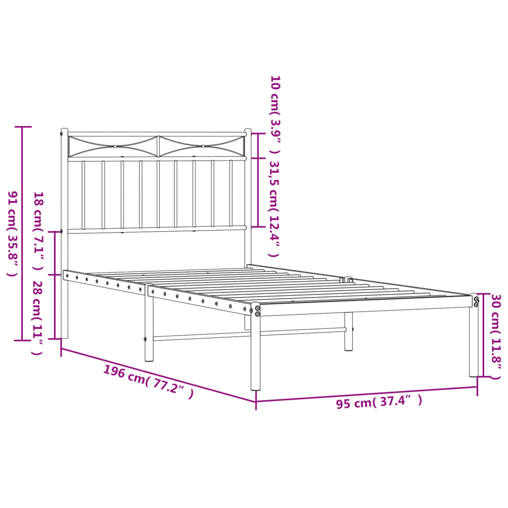 Metal Bed Frame without Mattress with Headboard White 90x190 cm