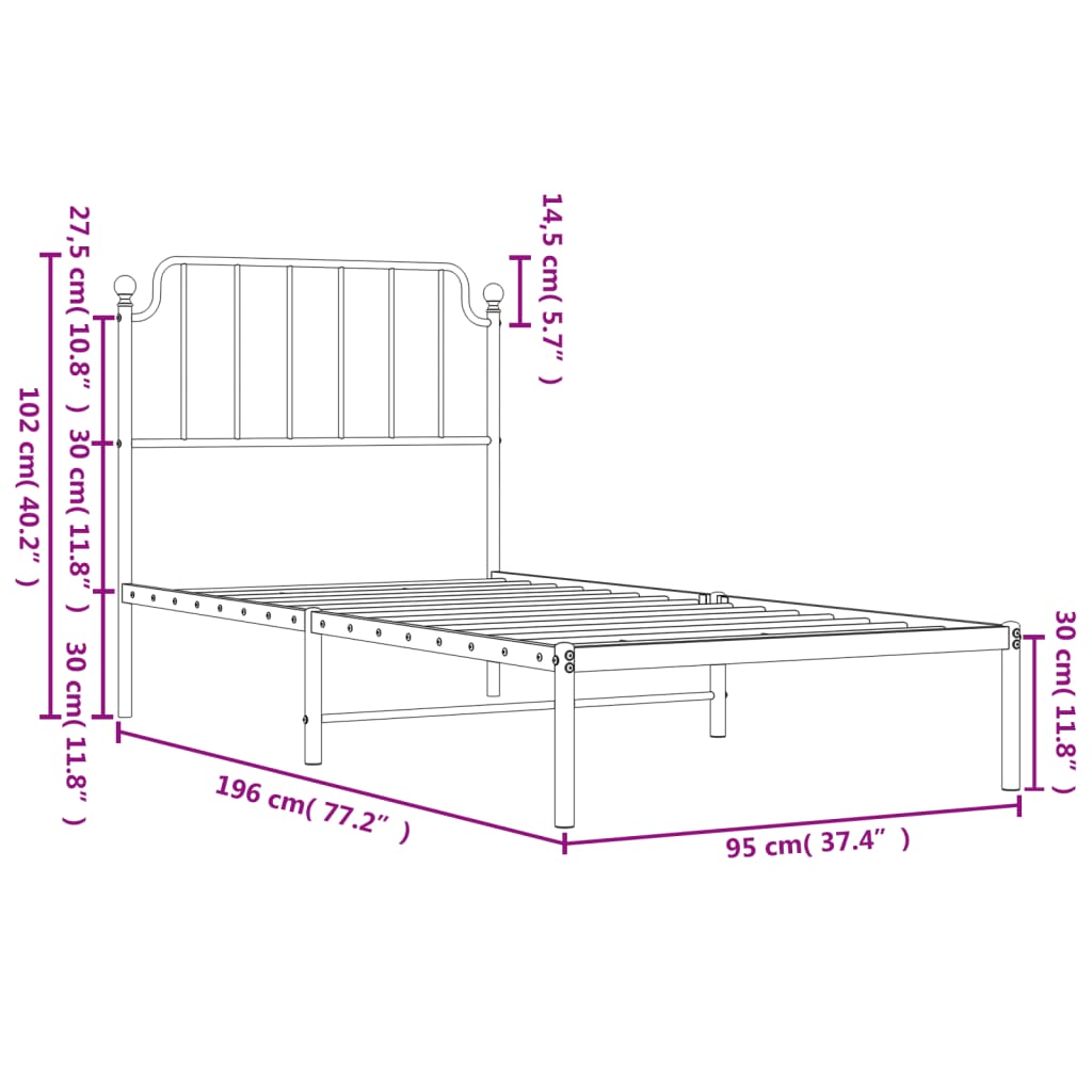 Metal Bed Frame without Mattress with Headboard Black 90x190 cm