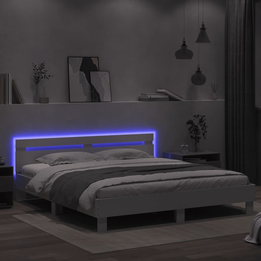 Bed Frame with LED without Mattress White 183x203 cm King