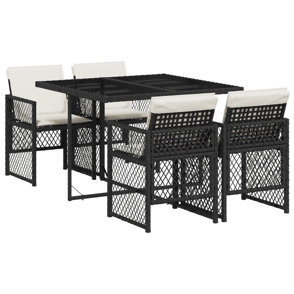 5 Piece Garden Dining Set with Cushions Black Poly Rattan
