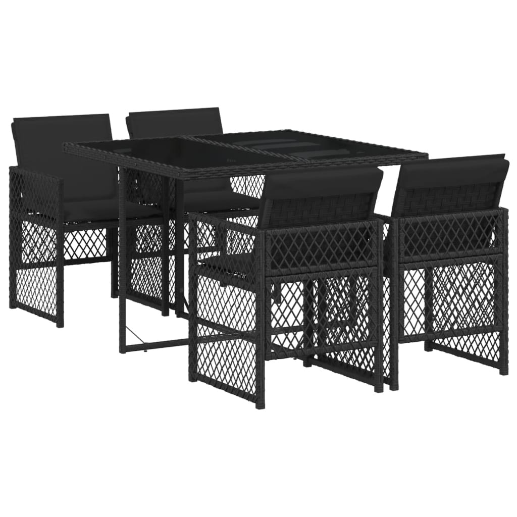 5 Piece Garden Dining Set with Cushions Black Poly Rattan