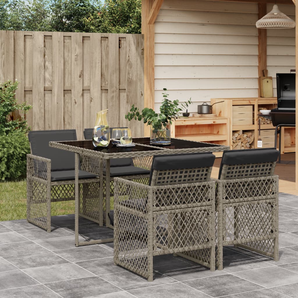 5 Piece Garden Dining Set with Cushions Grey Poly Rattan