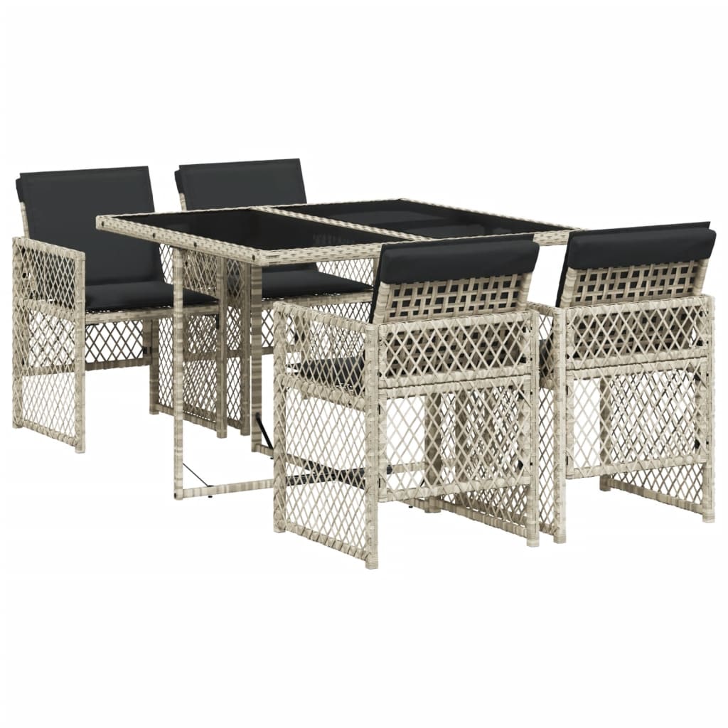 5 Piece Garden Dining Set with Cushions Light Grey Poly Rattan