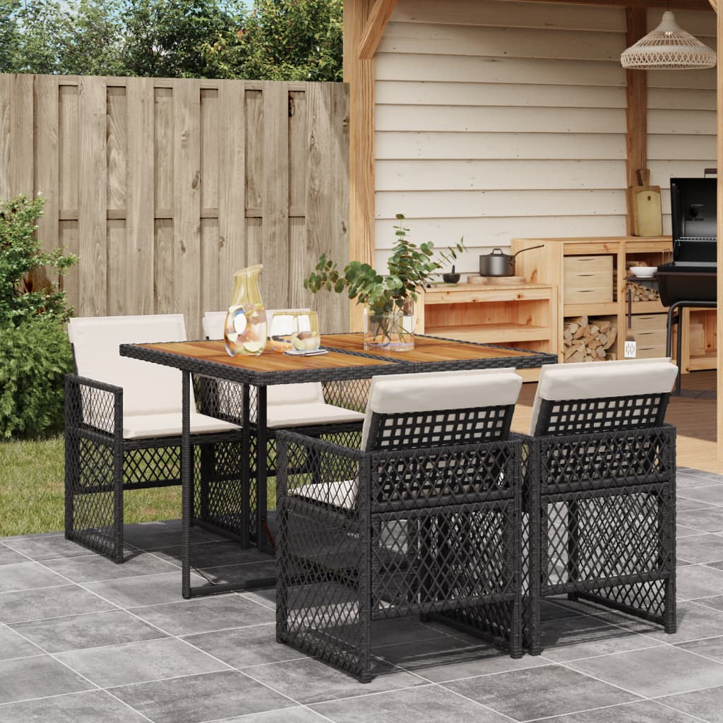 5 Piece Garden Dining Set with Cushions Black Poly Rattan