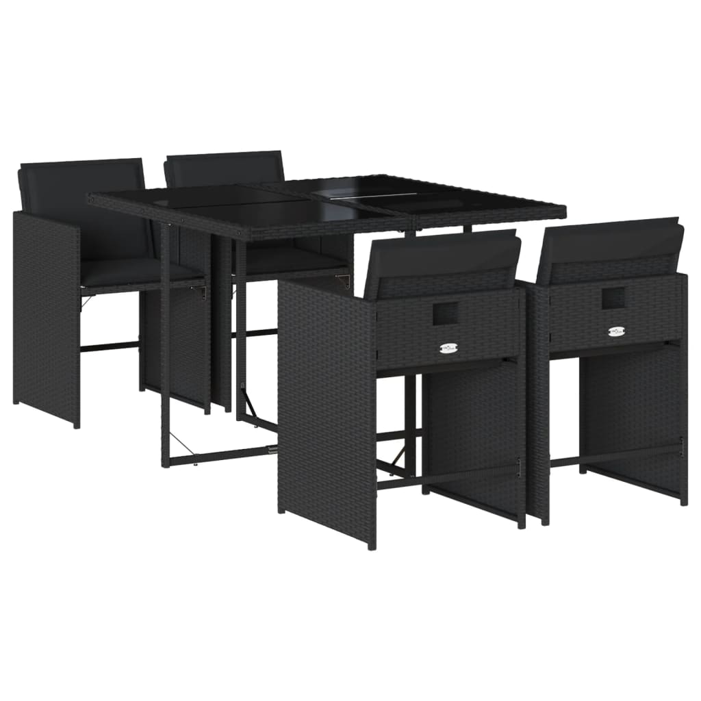 5 Piece Garden Dining Set with Cushions Black Poly Rattan