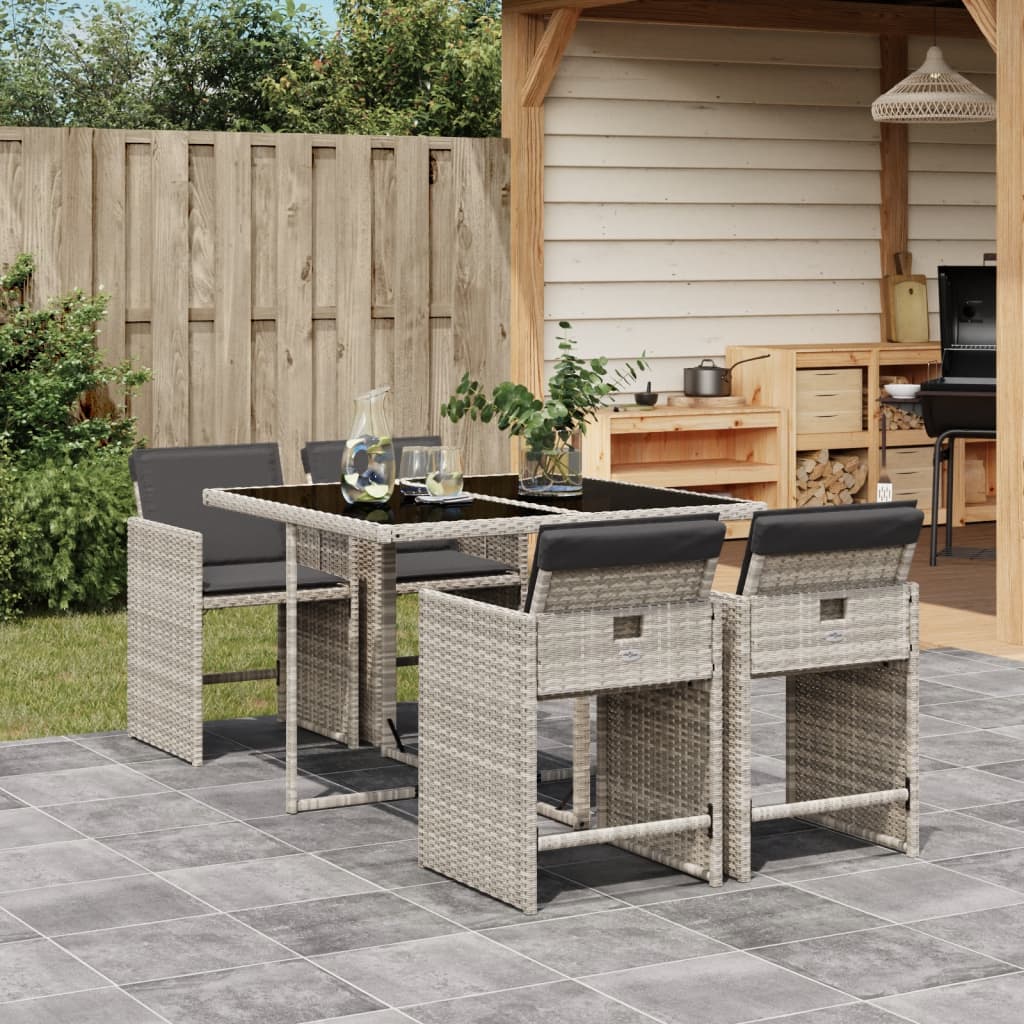 5 Piece Garden Dining Set with Cushions Light Grey Poly Rattan