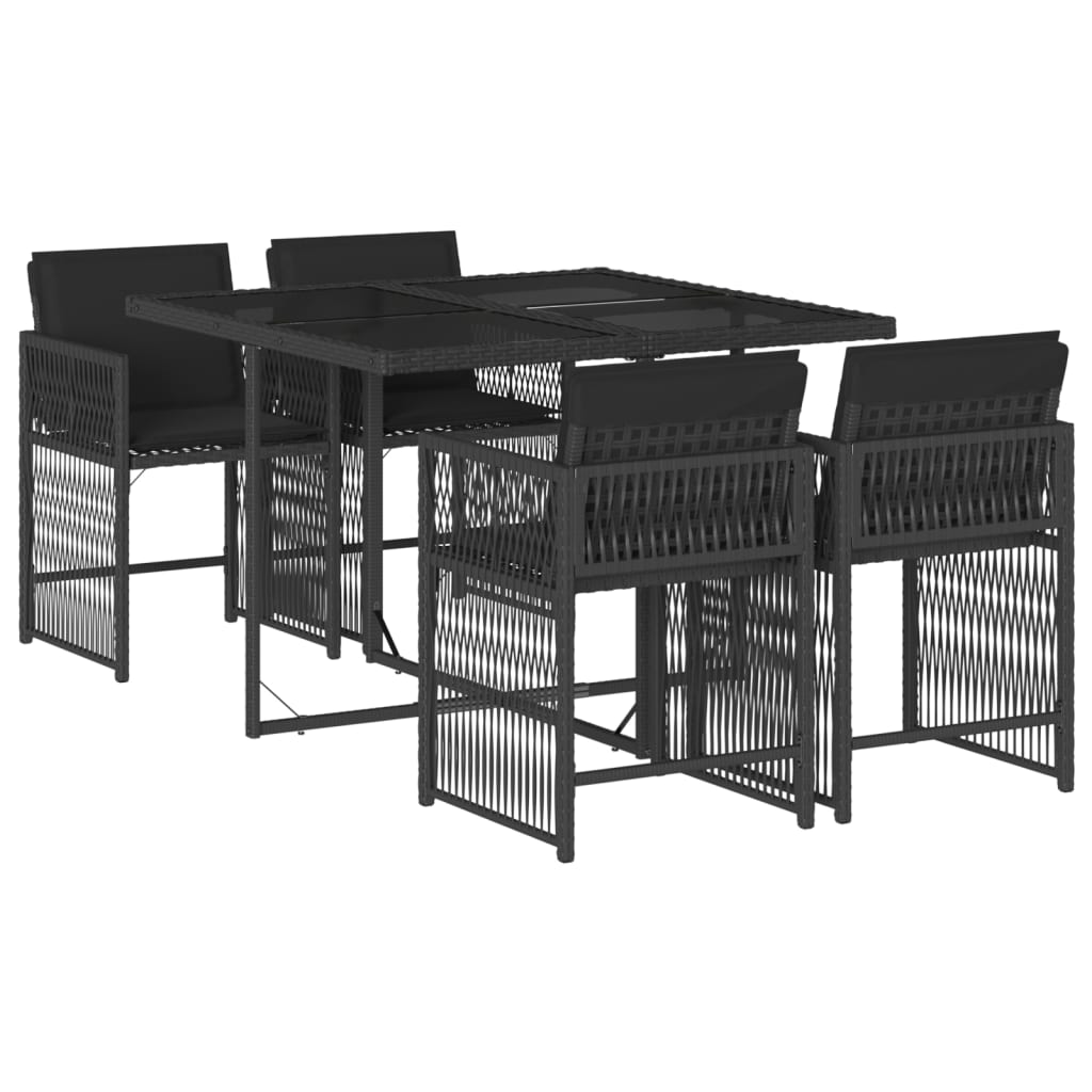 5 Piece Garden Dining Set with Cushions Black Poly Rattan