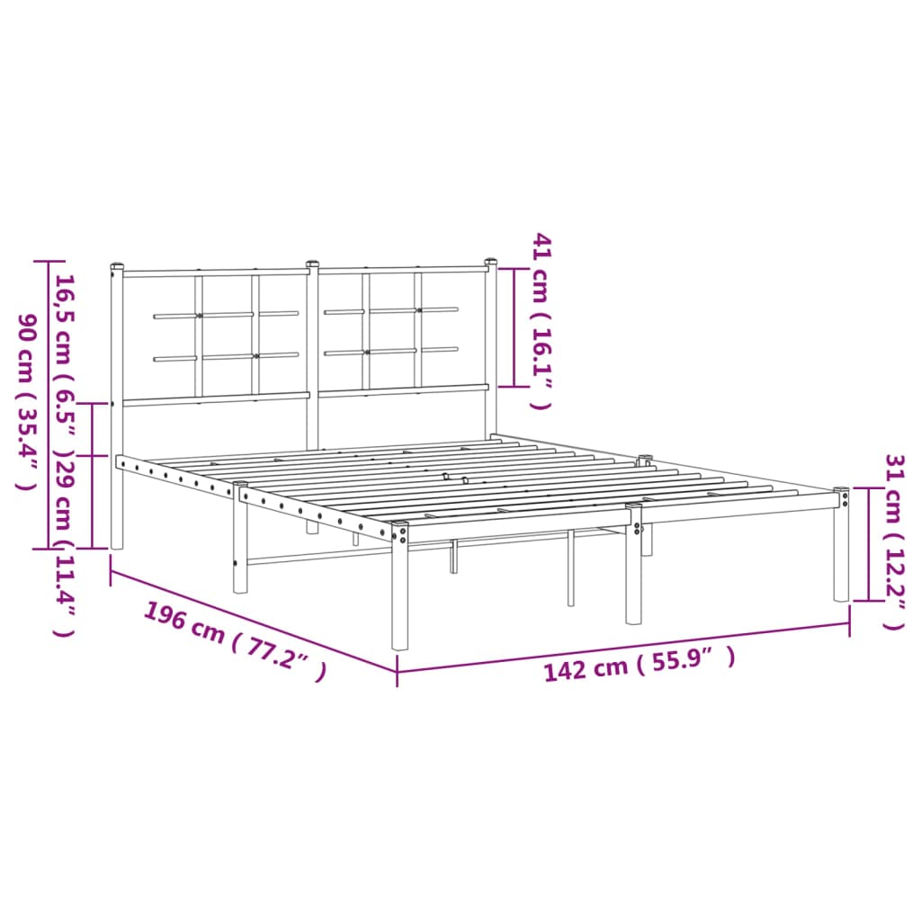 Metal Bed Frame without Mattress with Headboard Black 135x190 cm