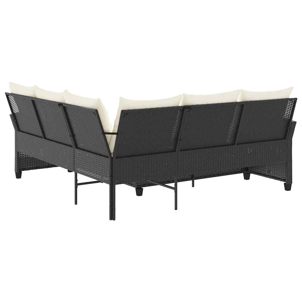 L-shaped Couch Sofa with Cushions Black Poly Rattan