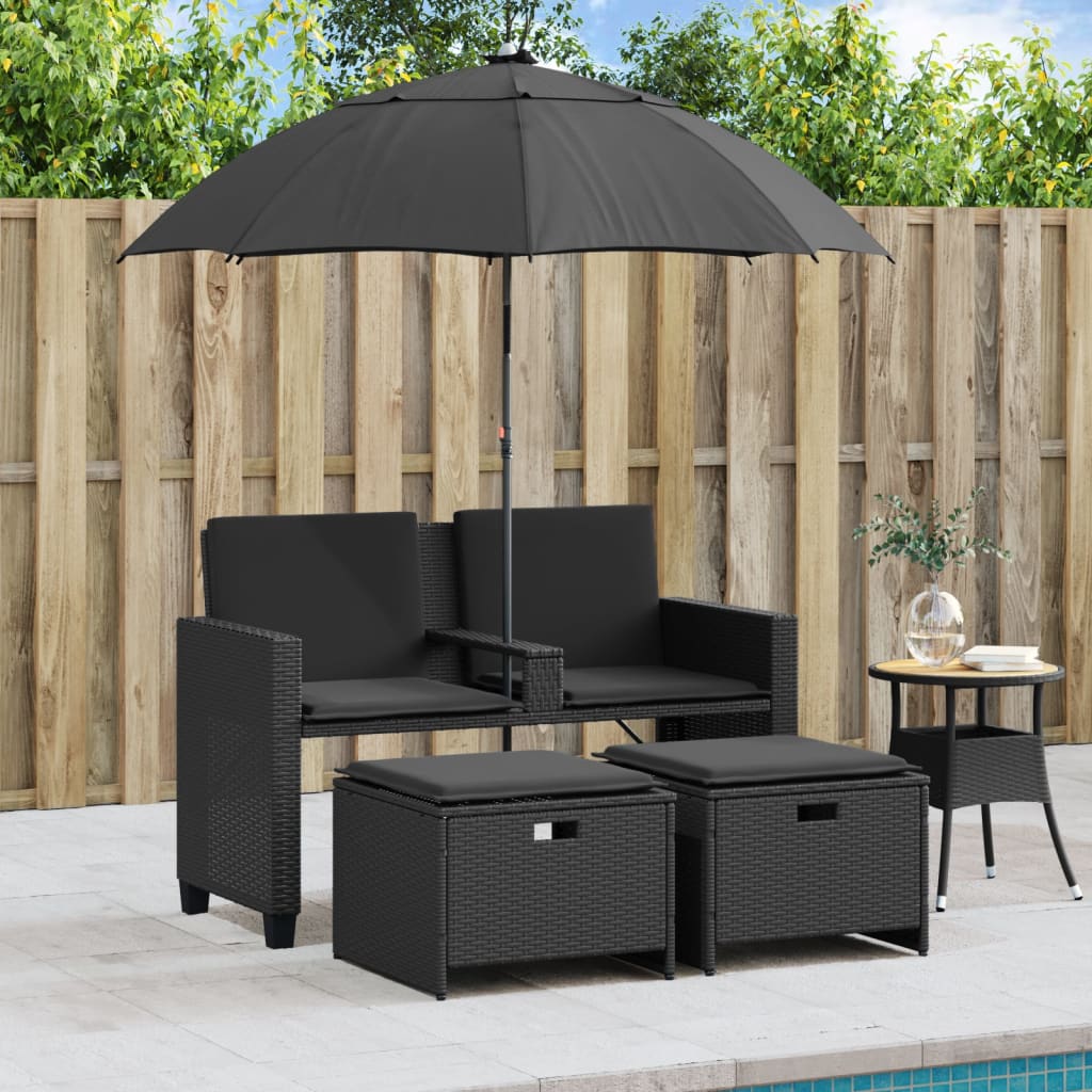 Garden Sofa 2-Seater with Parasol and Stools Black Poly Rattan