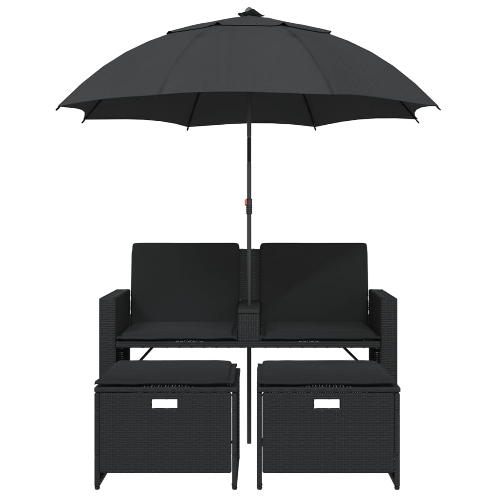 Garden Sofa 2-Seater with Parasol and Stools Black Poly Rattan