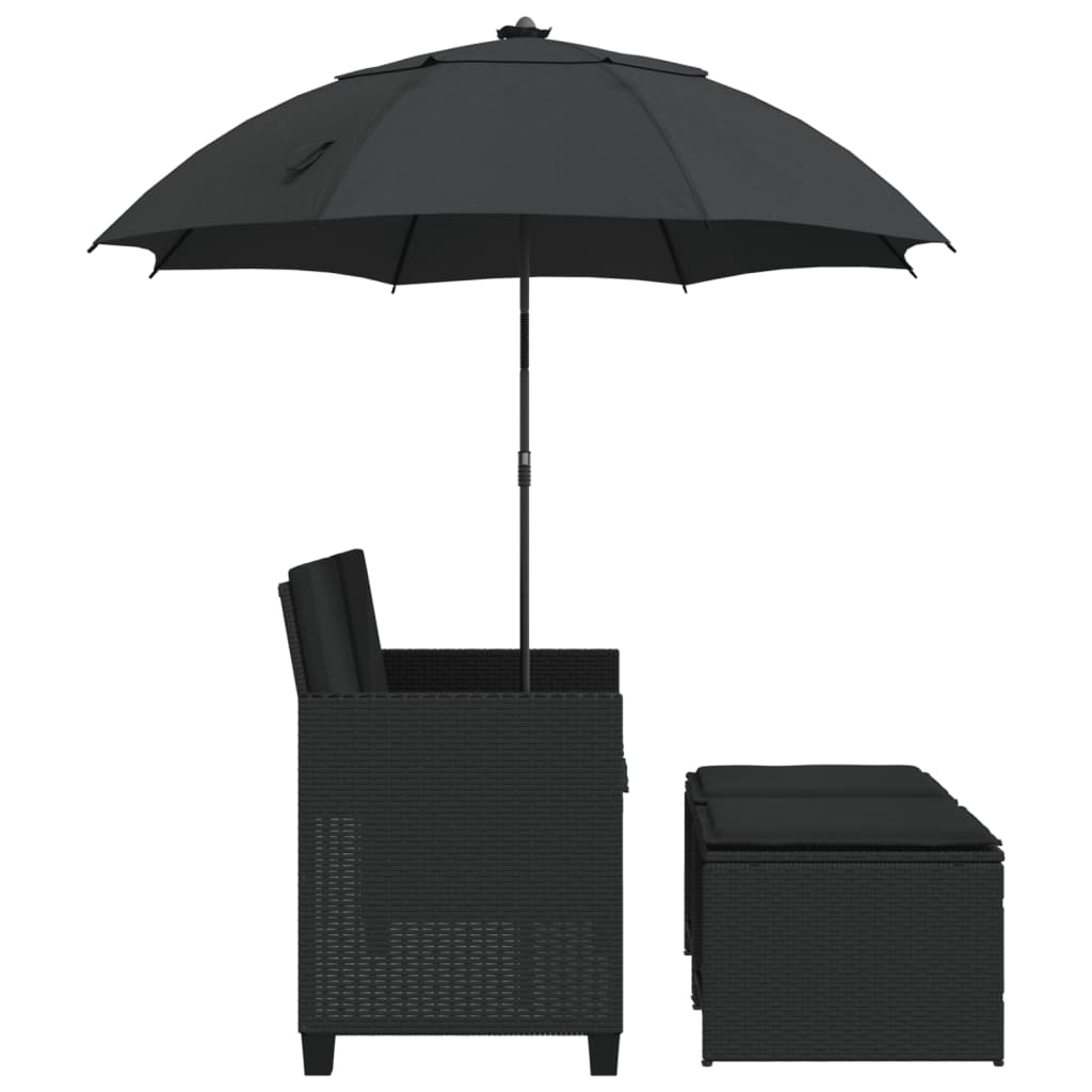 Garden Sofa 2-Seater with Parasol and Stools Black Poly Rattan