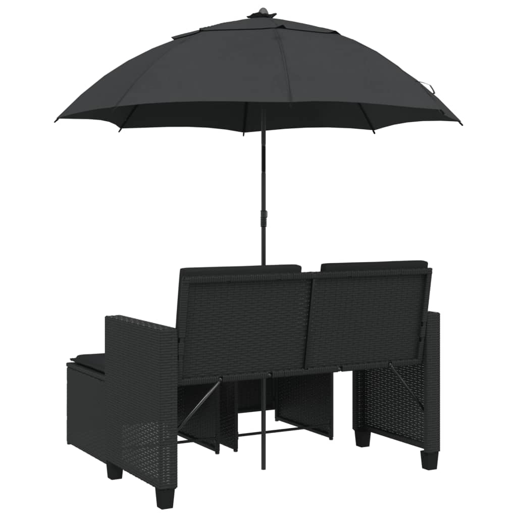 Garden Sofa 2-Seater with Parasol and Stools Black Poly Rattan