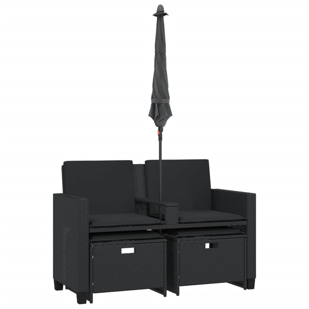 Garden Sofa 2-Seater with Parasol and Stools Black Poly Rattan