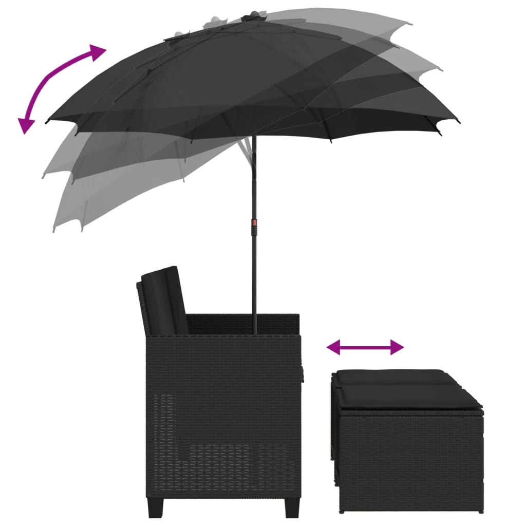 Garden Sofa 2-Seater with Parasol and Stools Black Poly Rattan
