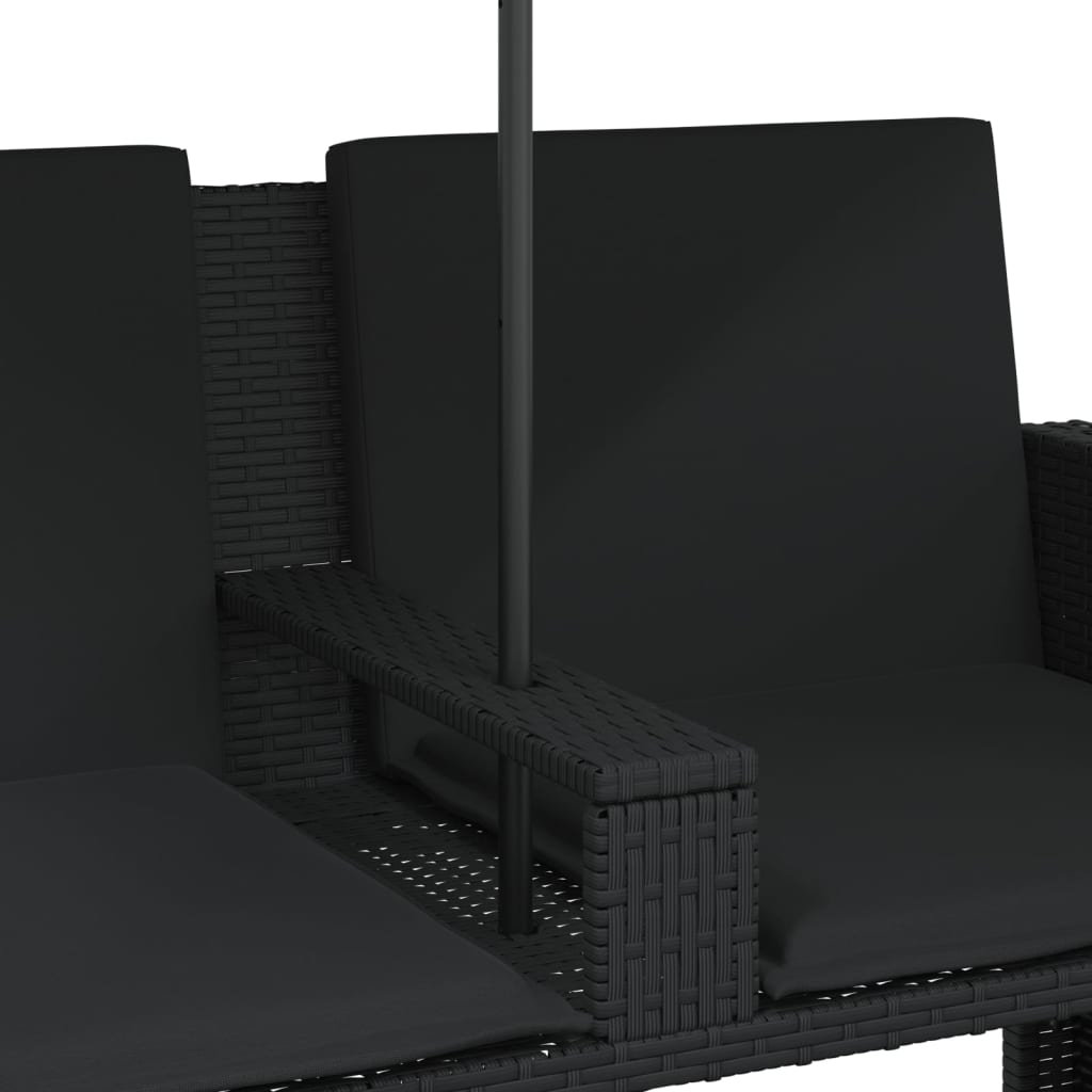 Garden Sofa 2-Seater with Parasol and Stools Black Poly Rattan