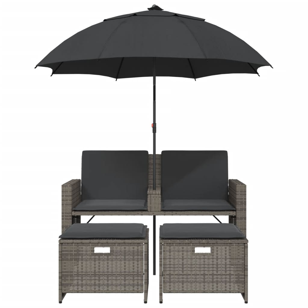 Garden Sofa 2-Seater with Parasol and Stools Grey Poly Rattan