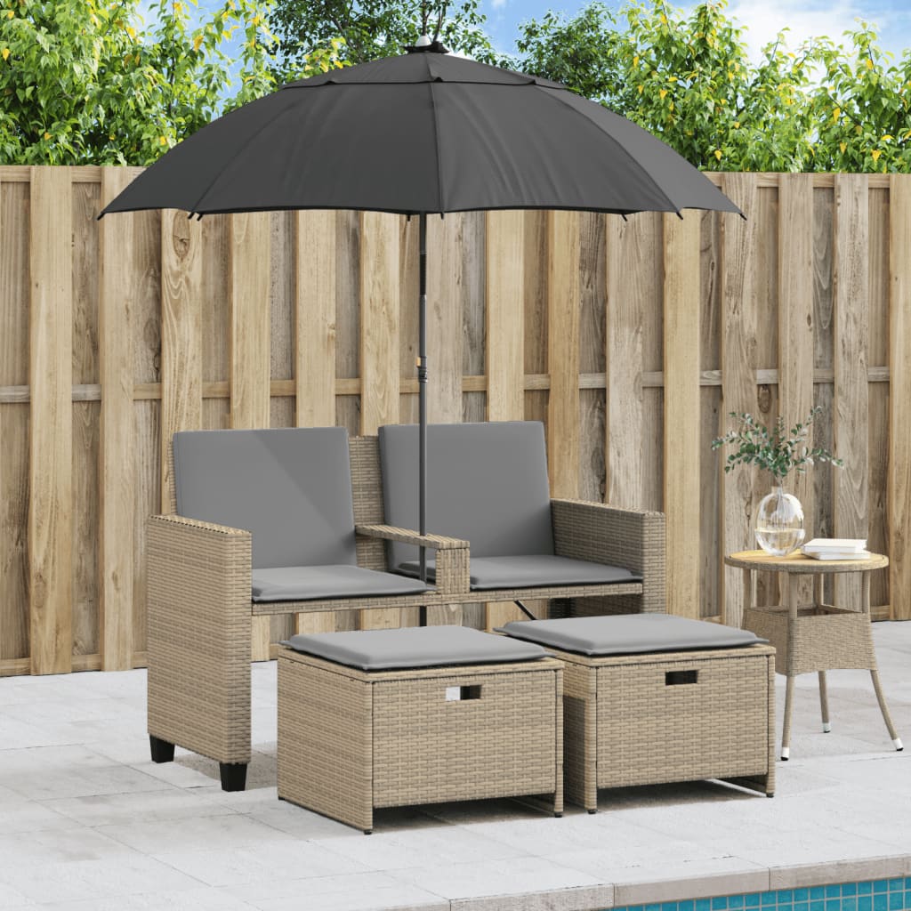 Garden Sofa 2-Seater with Parasol and Stools Beige Poly Rattan