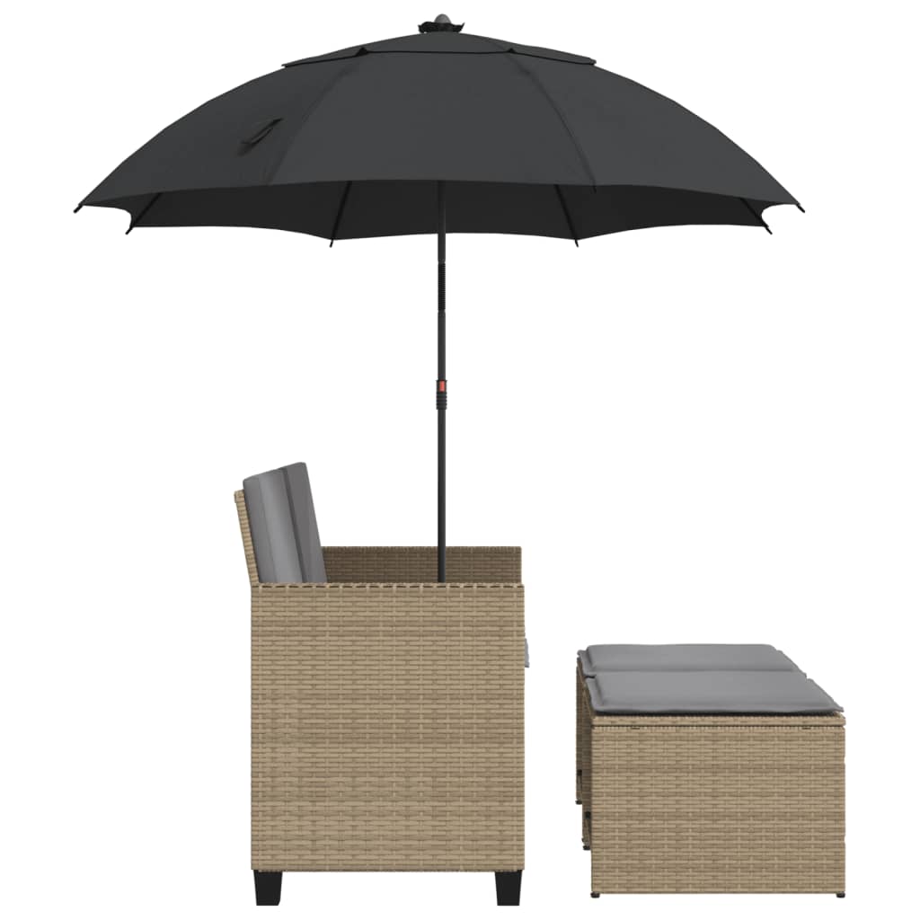 Garden Sofa 2-Seater with Parasol and Stools Beige Poly Rattan