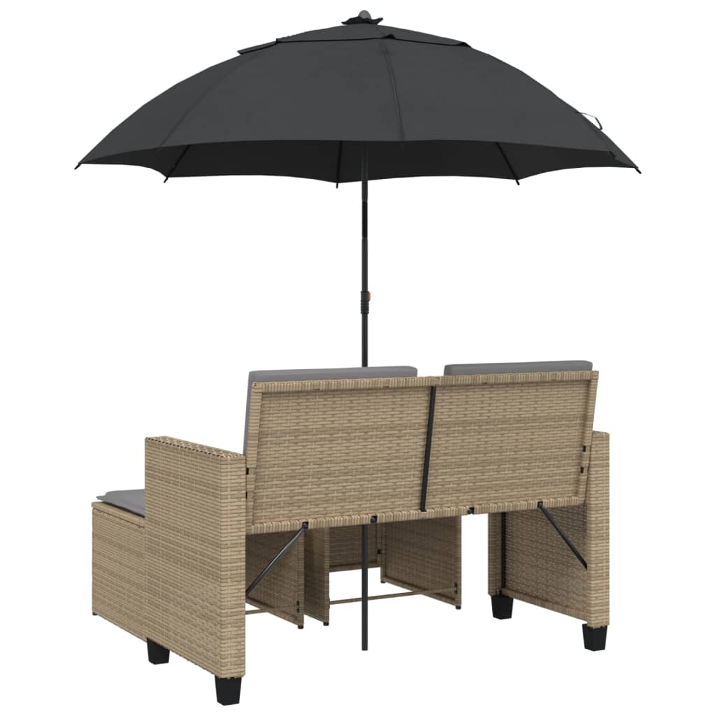 Garden Sofa 2-Seater with Parasol and Stools Beige Poly Rattan