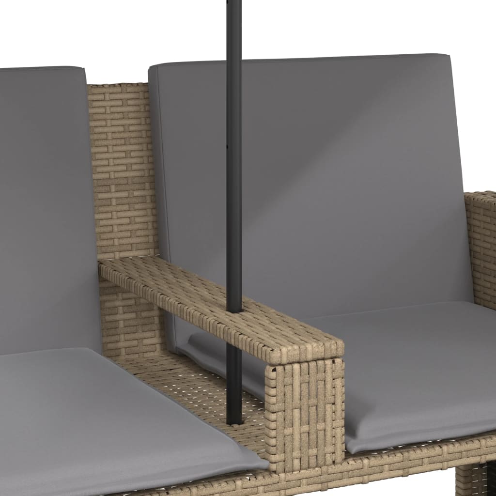 Garden Sofa 2-Seater with Parasol and Stools Beige Poly Rattan