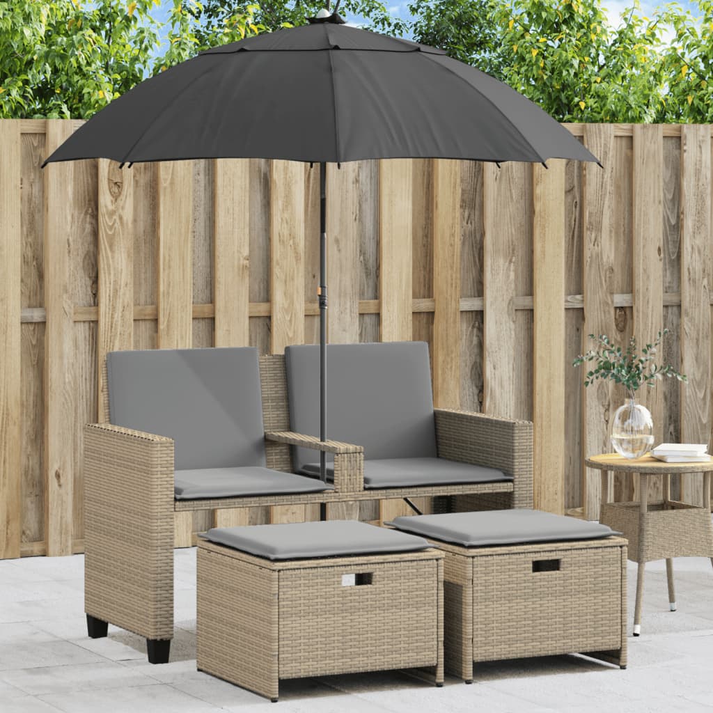 Garden Sofa 2-Seater with Parasol and Stools Beige Poly Rattan