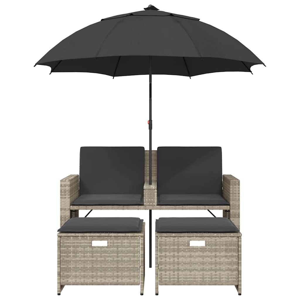 Garden Sofa 2-Seater with Parasol and Stools Light Grey Poly Rattan