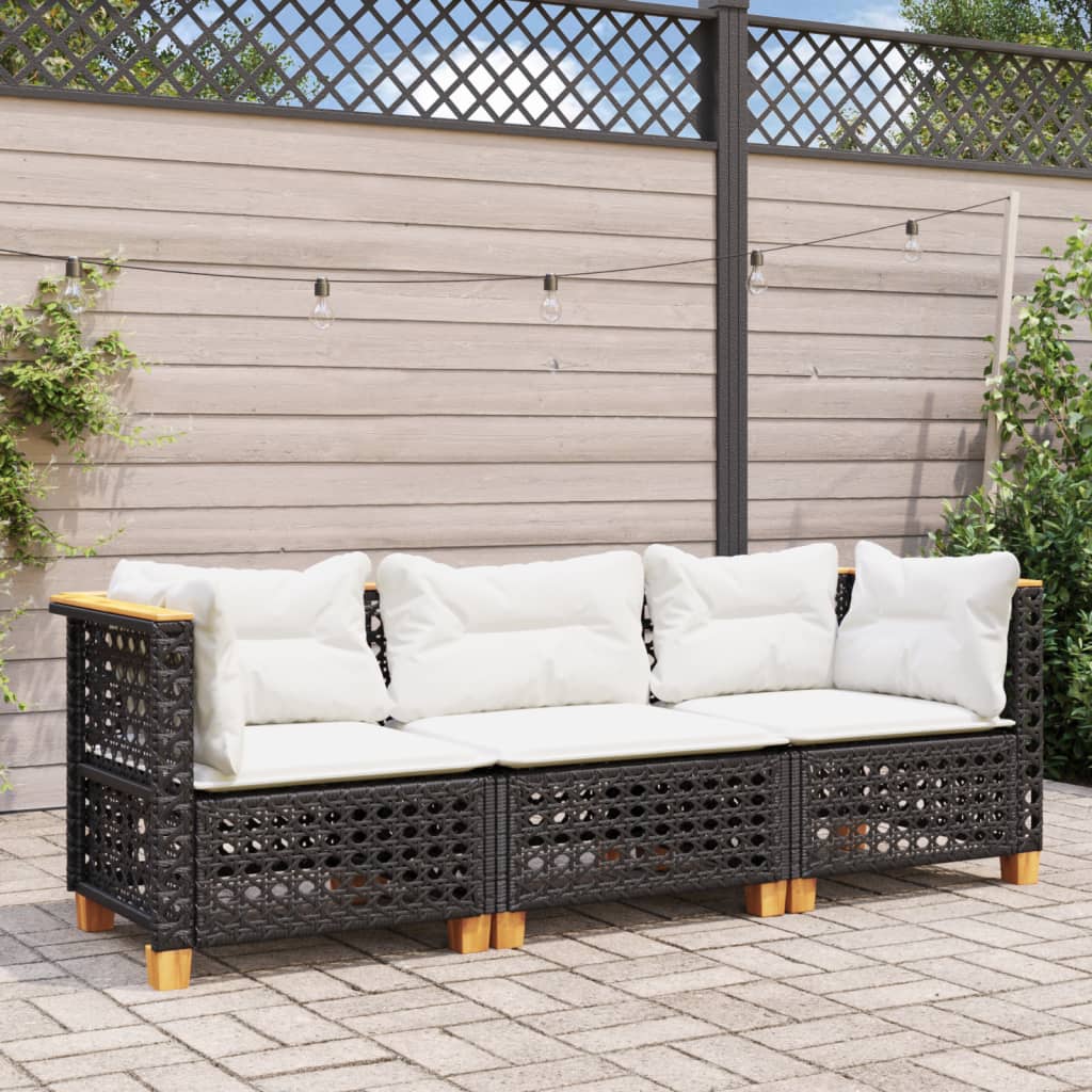 Garden Sofa with Cushions 3-Seater Black Poly Rattan