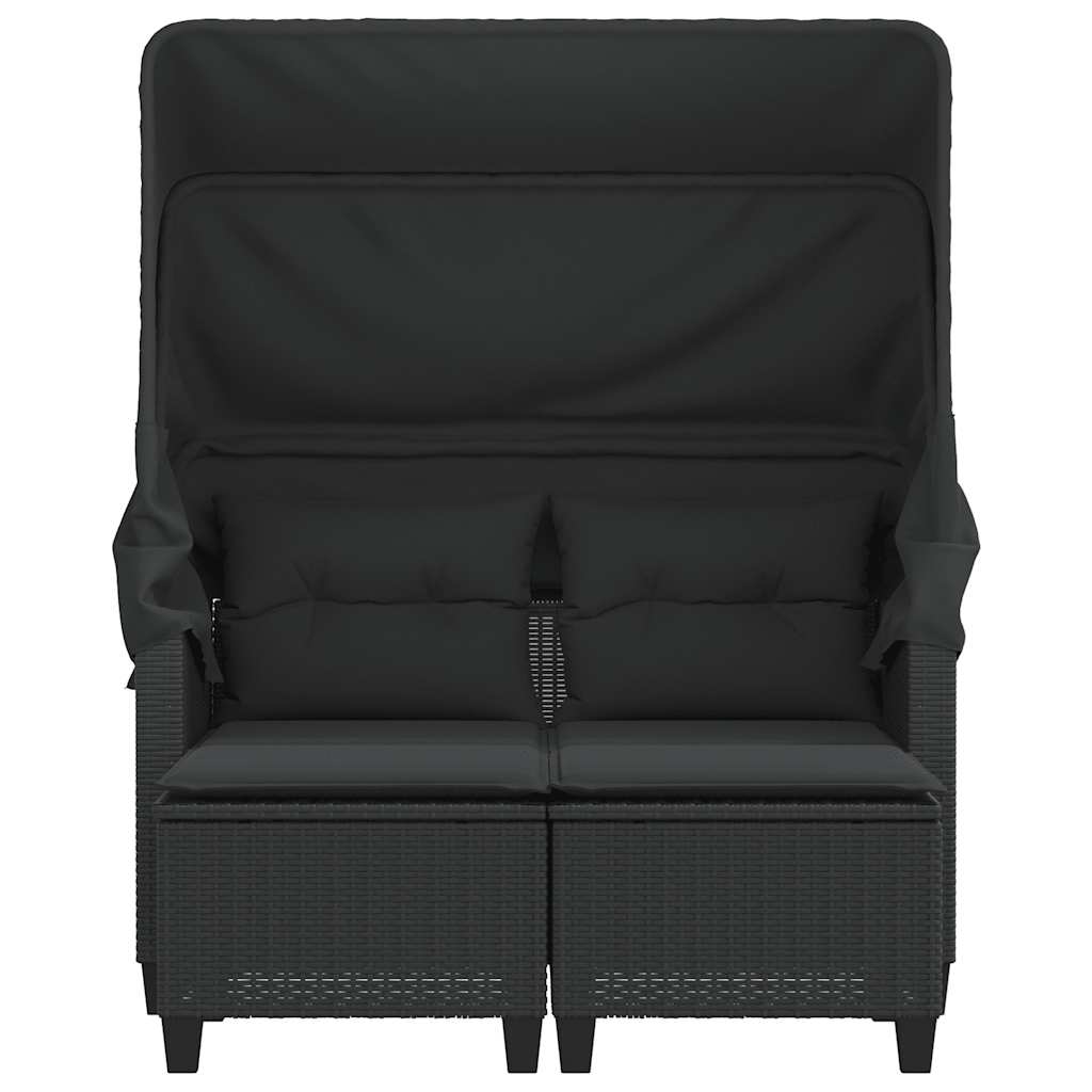Garden Sofa 2-Seater with Canopy and Stools Black Poly Rattan