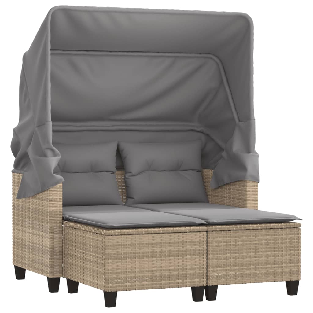 Garden Sofa 2-Seater with Canopy and Stools Beige Poly Rattan