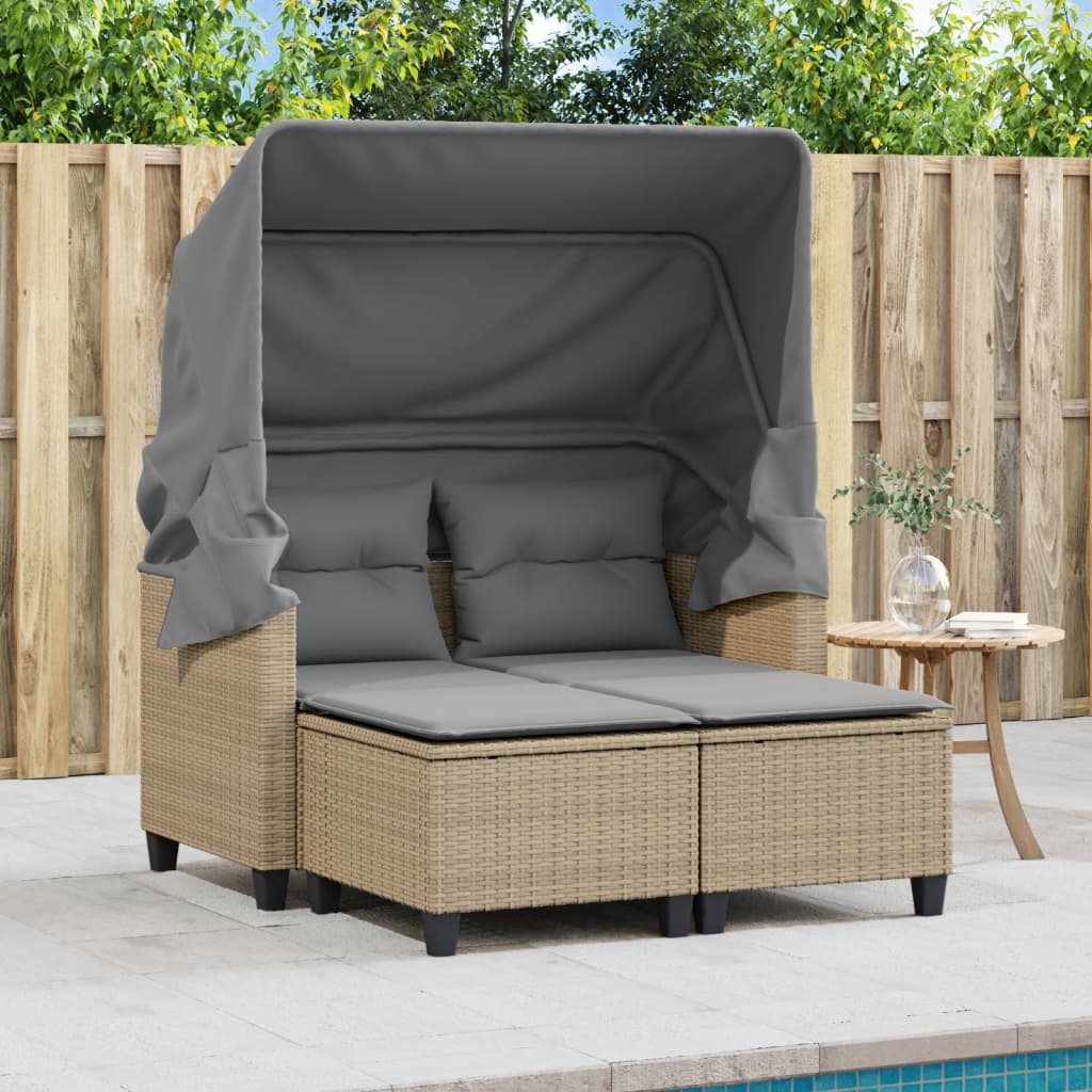 Garden Sofa 2-Seater with Canopy and Stools Beige Poly Rattan