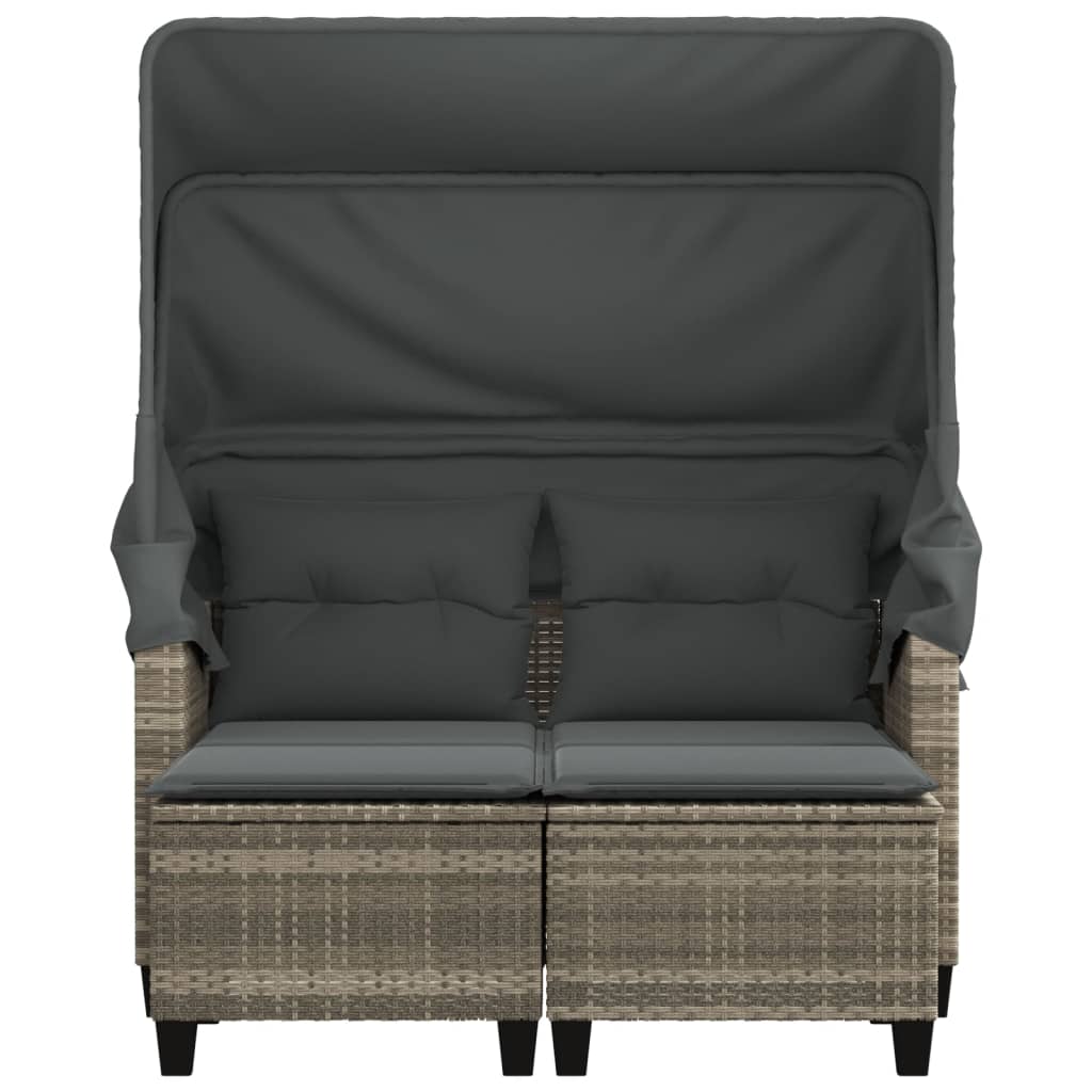 Garden Sofa 2-Seater with Canopy and Stools Light Grey Poly Rattan