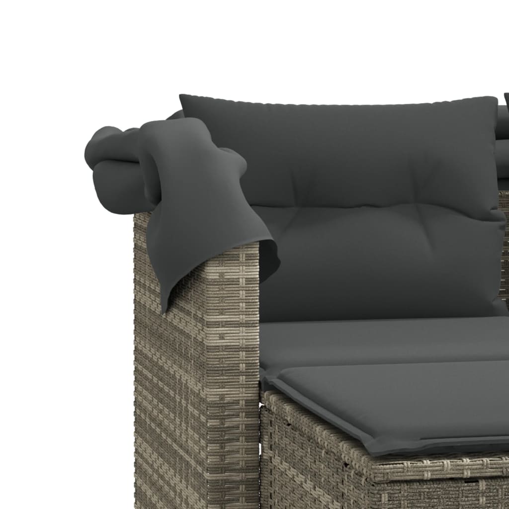 Garden Sofa 2-Seater with Canopy and Stools Light Grey Poly Rattan