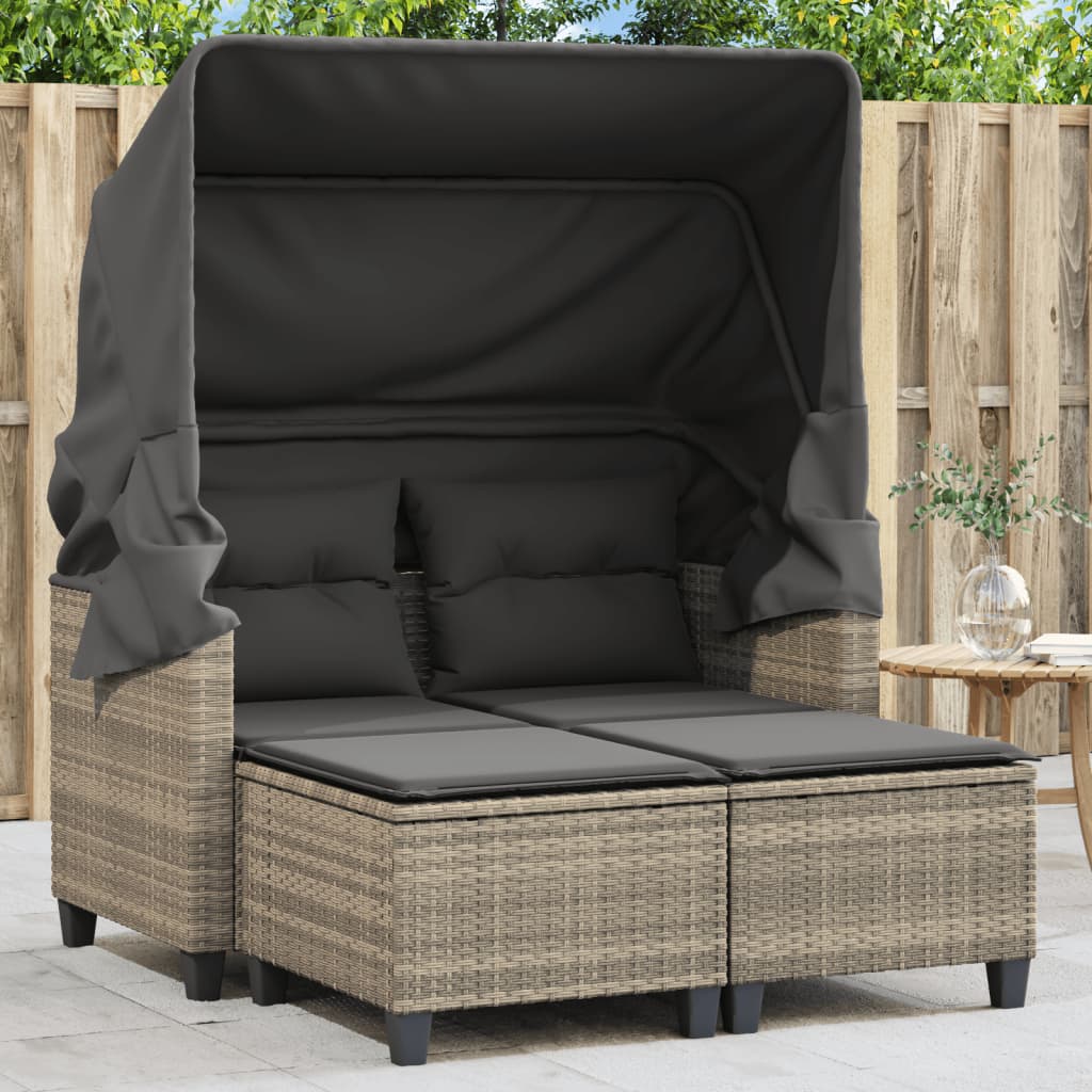 Garden Sofa 2-Seater with Canopy and Stools Light Grey Poly Rattan