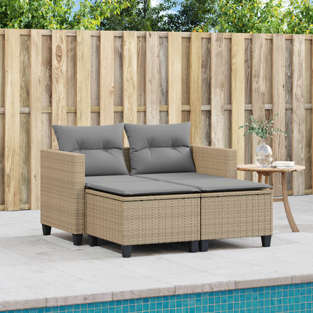 Garden Sofa 2-Seater with Stools Beige Poly Rattan