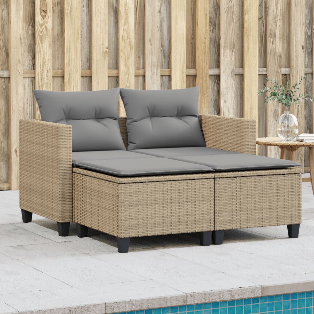 Garden Sofa 2-Seater with Stools Beige Poly Rattan