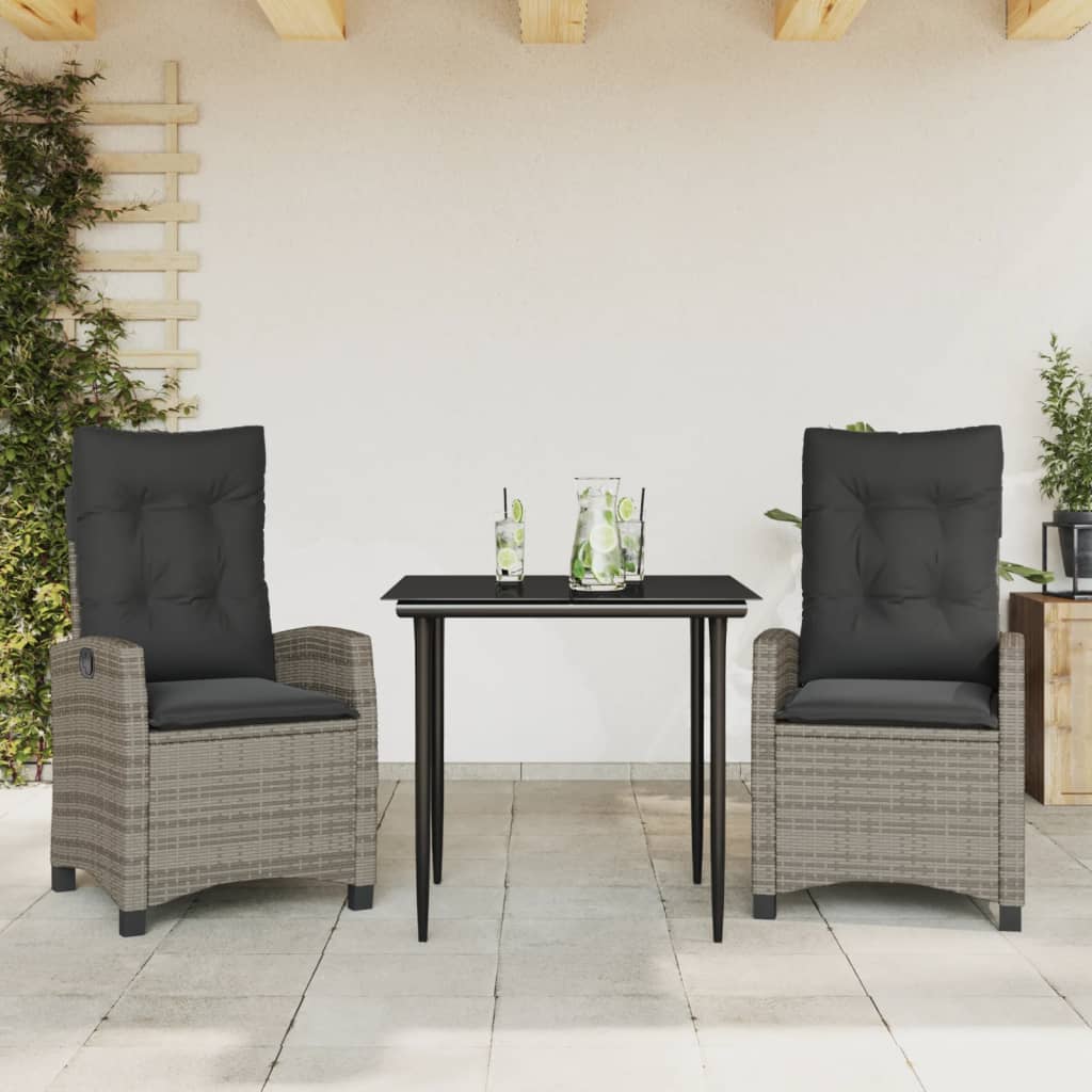 3 Piece Garden Dining Set with Cushions Grey Poly Rattan