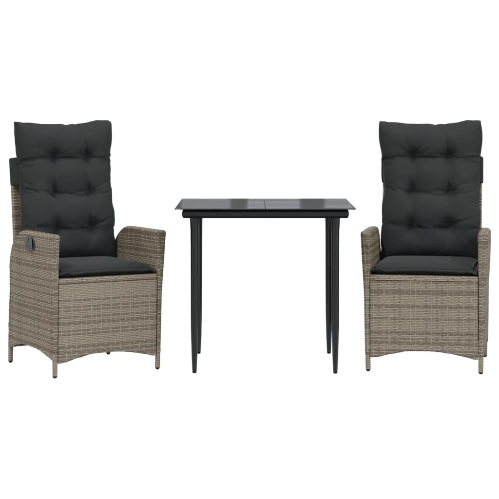3 Piece Garden Dining Set with Cushions Grey Poly Rattan