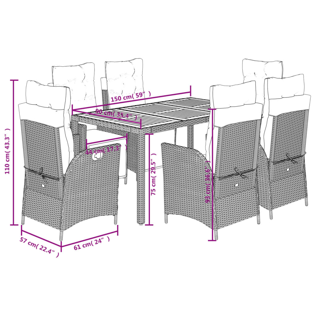 7 Piece Garden Dining Set with Cushions Grey Poly Rattan